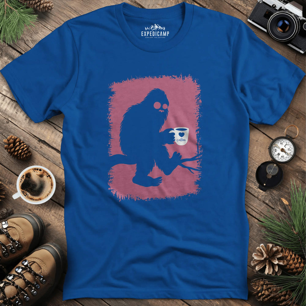 Bigfoot Coffee Lover T-Shirt – Royal – Outdoor apparel for travel, hiking, camping, and nature lovers – ExpediCamp