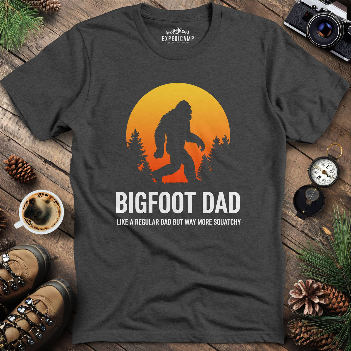 Bigfoot Dad Funny Sasquatch Fatherhood T-Shirt – Dark Heather – Outdoor apparel for travel, hiking, camping, and nature lovers – ExpediCamp