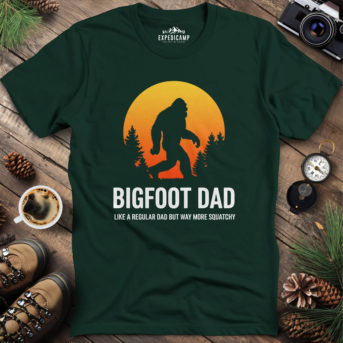 Bigfoot Dad Funny Sasquatch Fatherhood T-Shirt – Forest Green – Outdoor apparel for travel, hiking, camping, and nature lovers – ExpediCamp