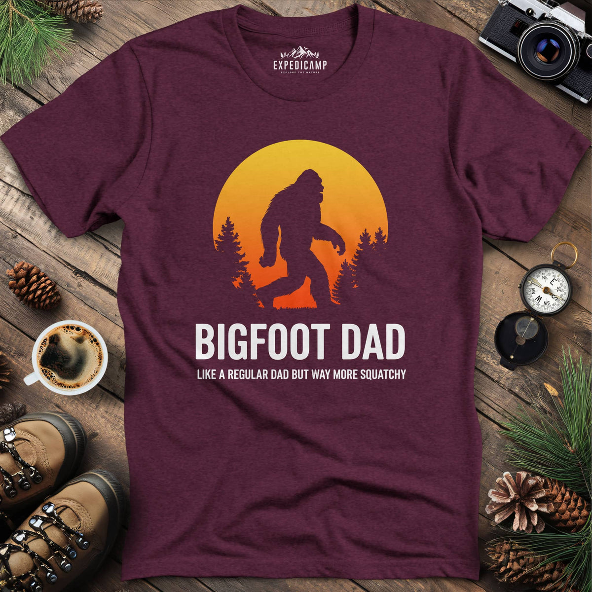 Bigfoot Dad Funny Sasquatch Fatherhood T-Shirt – Heather Maroon – Outdoor apparel for travel, hiking, camping, and nature lovers – ExpediCamp