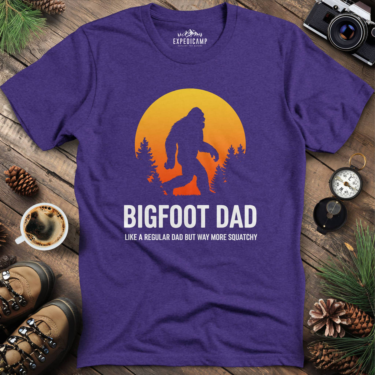 Bigfoot Dad Funny Sasquatch Fatherhood T-Shirt – Heather Purple – Outdoor apparel for travel, hiking, camping, and nature lovers – ExpediCamp