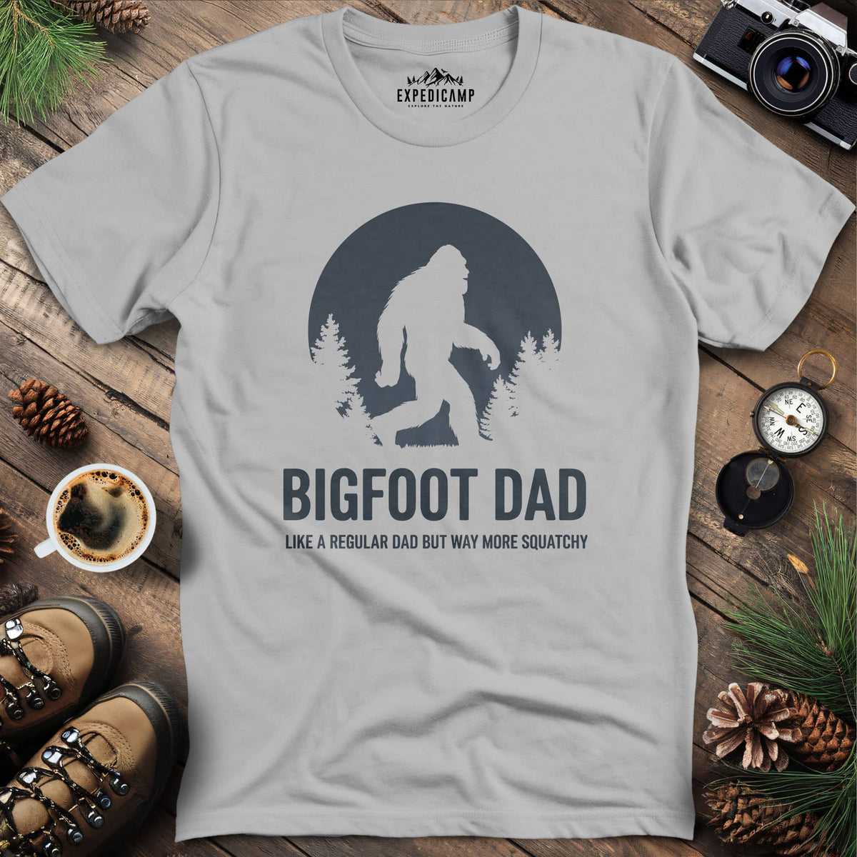 Bigfoot Dad Funny Sasquatch Fatherhood T-Shirt – Ice Grey – Outdoor apparel for travel, hiking, camping, and nature lovers – ExpediCamp