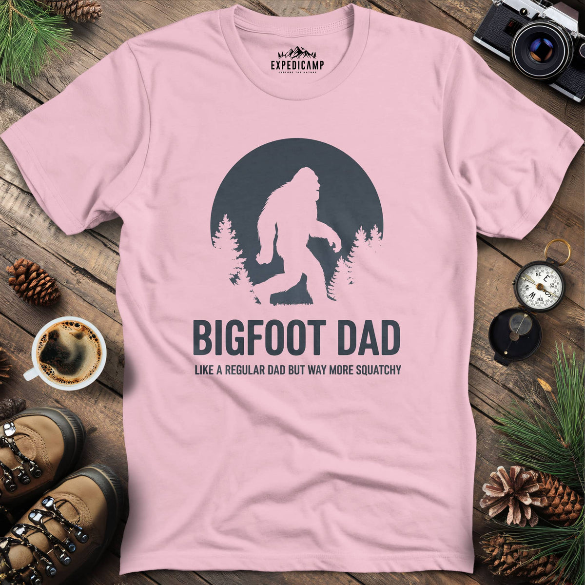 Bigfoot Dad Funny Sasquatch Fatherhood T-Shirt – Light Pink – Outdoor apparel for travel, hiking, camping, and nature lovers – ExpediCamp
