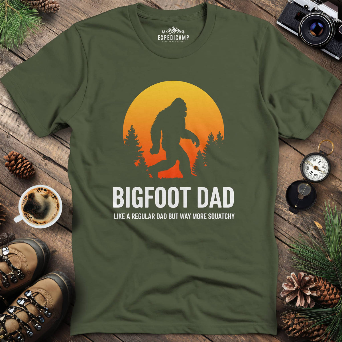 Bigfoot Dad Funny Sasquatch Fatherhood T-Shirt – Military Green – Outdoor apparel for travel, hiking, camping, and nature lovers – ExpediCamp