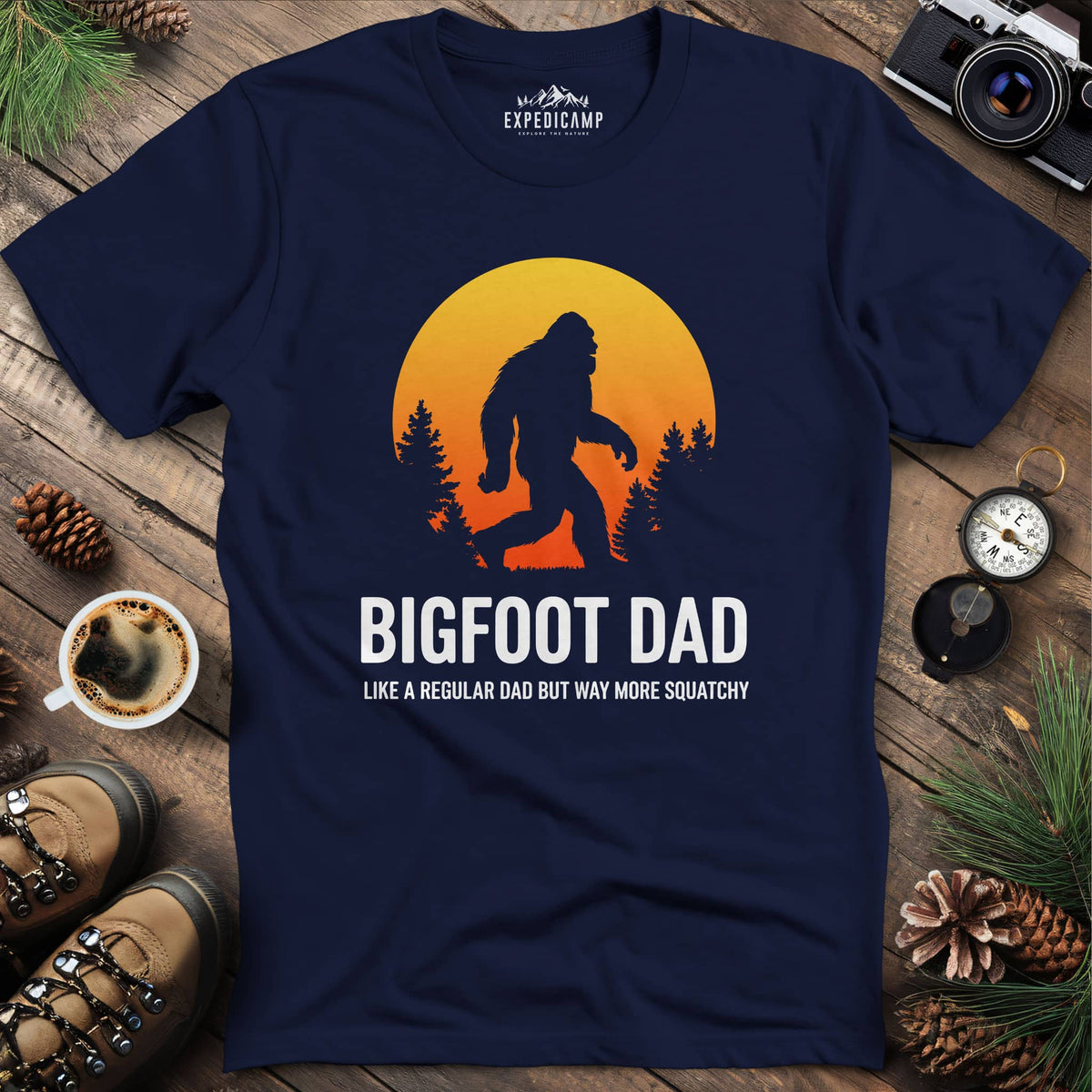 Bigfoot Dad Funny Sasquatch Fatherhood T-Shirt – Navy – Outdoor apparel for travel, hiking, camping, and nature lovers – ExpediCamp