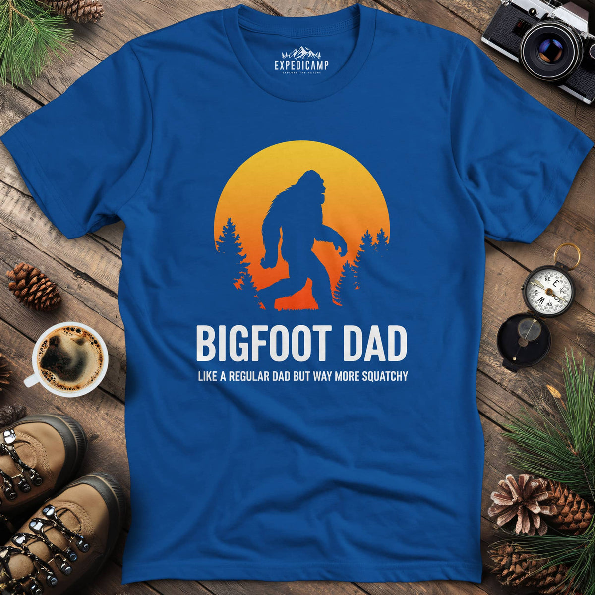 Bigfoot Dad Funny Sasquatch Fatherhood T-Shirt – Royal – Outdoor apparel for travel, hiking, camping, and nature lovers – ExpediCamp