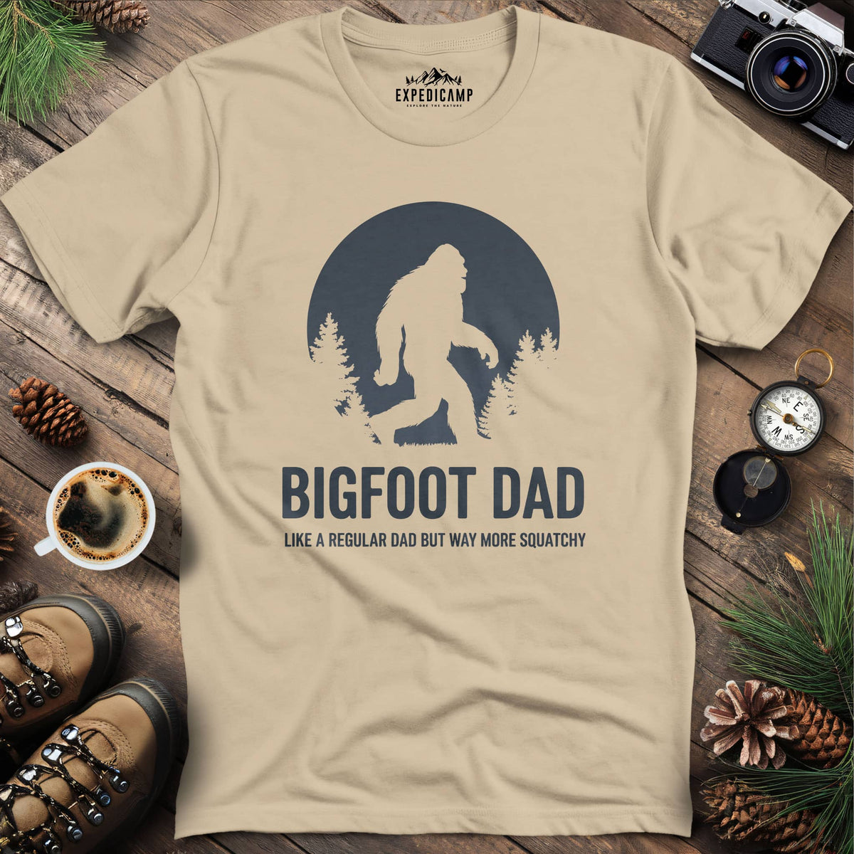 Bigfoot Dad Funny Sasquatch Fatherhood T-Shirt – Sand – Outdoor apparel for travel, hiking, camping, and nature lovers – ExpediCamp