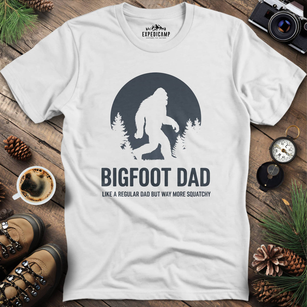 Bigfoot Dad Funny Sasquatch Fatherhood T-Shirt – White – Outdoor apparel for travel, hiking, camping, and nature lovers – ExpediCamp