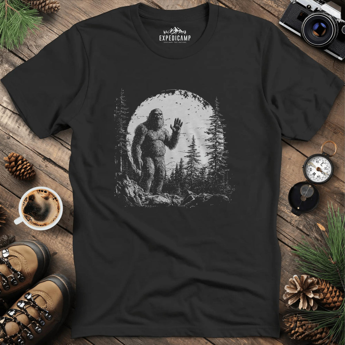Bigfoot Hiding in the Mountains T-Shirt – Mysterious Bigfoot Wilderness Design – Black – Outdoor apparel for travel, hiking, camping, and nature lovers – ExpediCamp