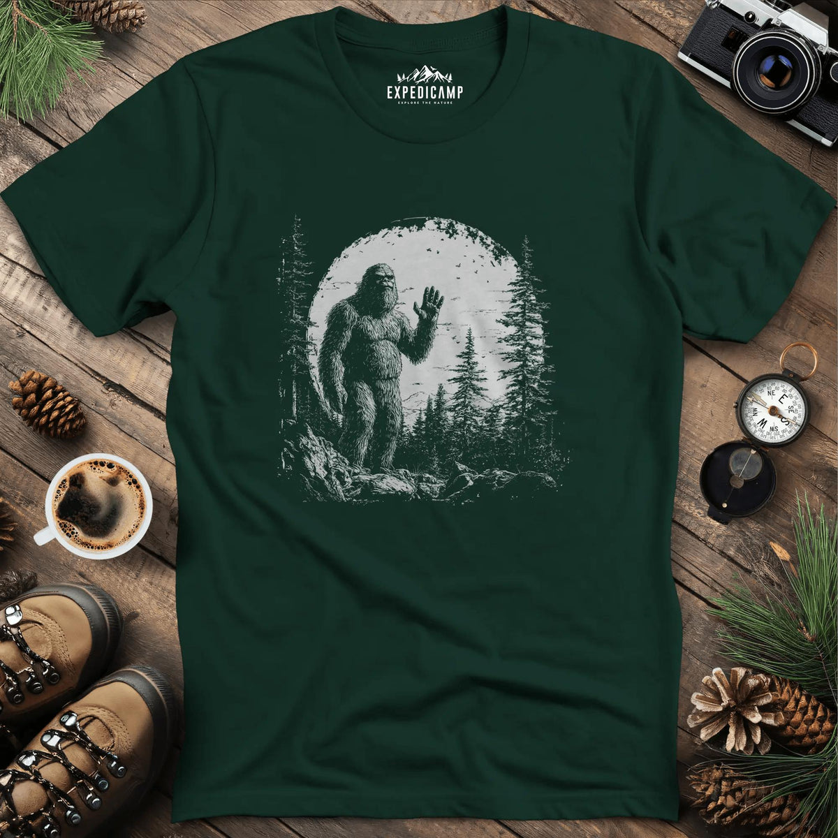 Bigfoot Hiding in the Mountains T-Shirt – Mysterious Bigfoot Wilderness Design – Forest Green – Outdoor apparel for travel, hiking, camping, and nature lovers – ExpediCamp