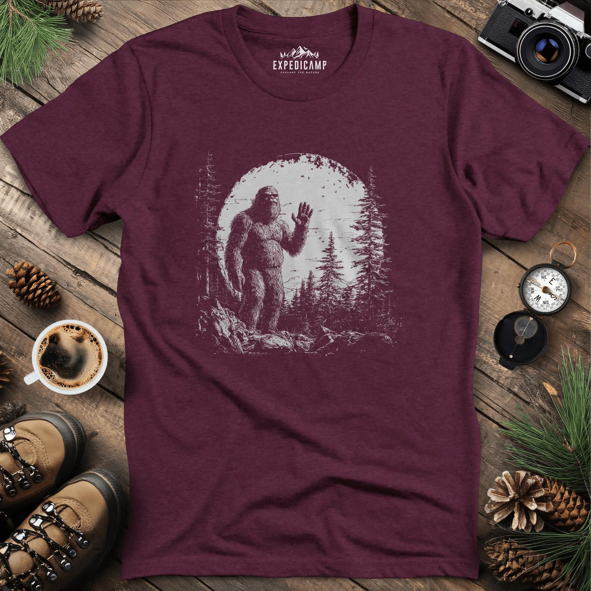 Bigfoot Hiding in the Mountains T-Shirt – Mysterious Bigfoot Wilderness Design – Heather Maroon – Outdoor apparel for travel, hiking, camping, and nature lovers – ExpediCamp