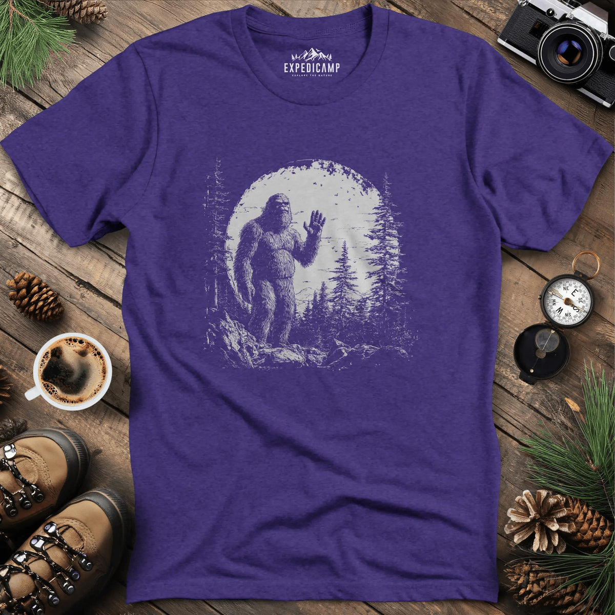 Bigfoot Hiding in the Mountains T-Shirt – Mysterious Bigfoot Wilderness Design – Heather Purple – Outdoor apparel for travel, hiking, camping, and nature lovers – ExpediCamp