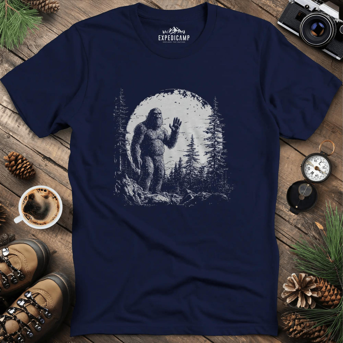 Bigfoot Hiding in the Mountains T-Shirt – Mysterious Bigfoot Wilderness Design – Navy – Outdoor apparel for travel, hiking, camping, and nature lovers – ExpediCamp