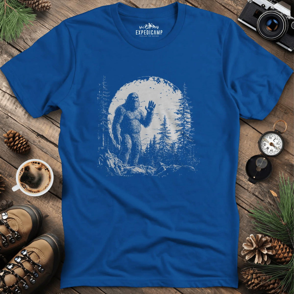 Bigfoot Hiding in the Mountains T-Shirt – Mysterious Bigfoot Wilderness Design – Royal – Outdoor apparel for travel, hiking, camping, and nature lovers – ExpediCamp