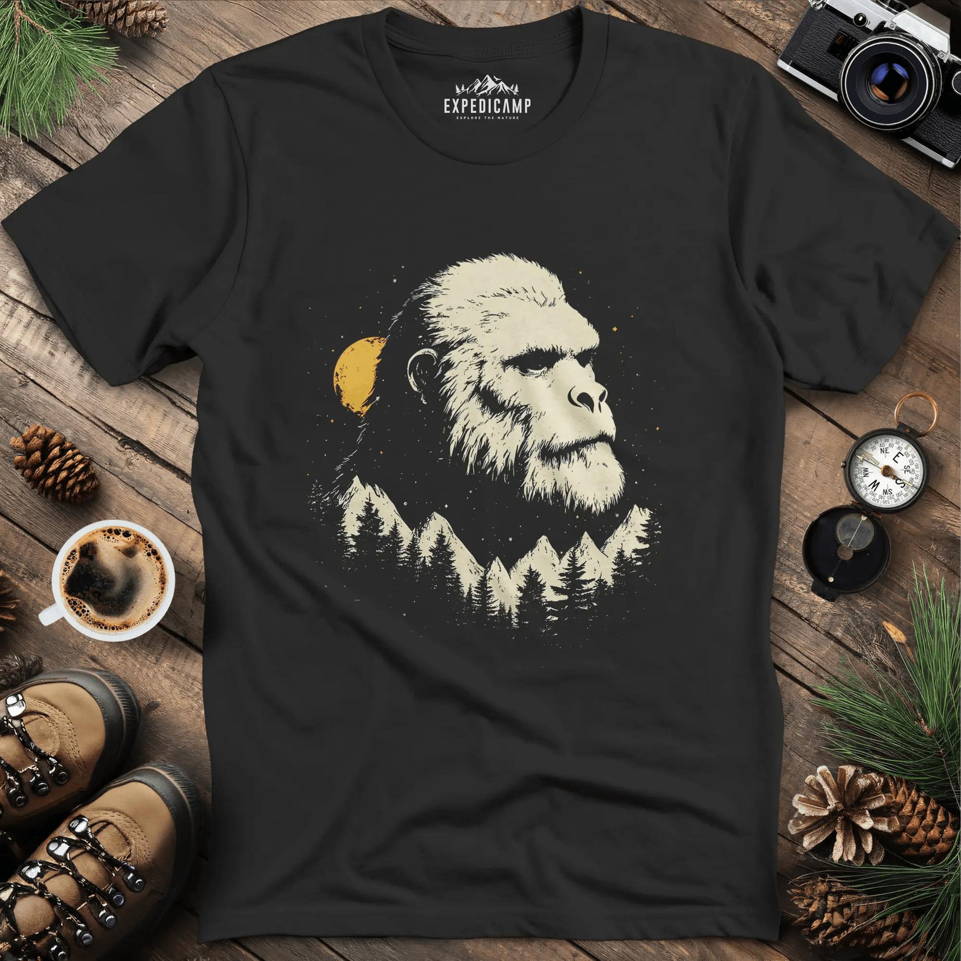 Bigfoot in the Mountains T-Shirt – Legendary Wilderness – Black – Outdoor apparel for travel, hiking, camping, and nature lovers – ExpediCamp