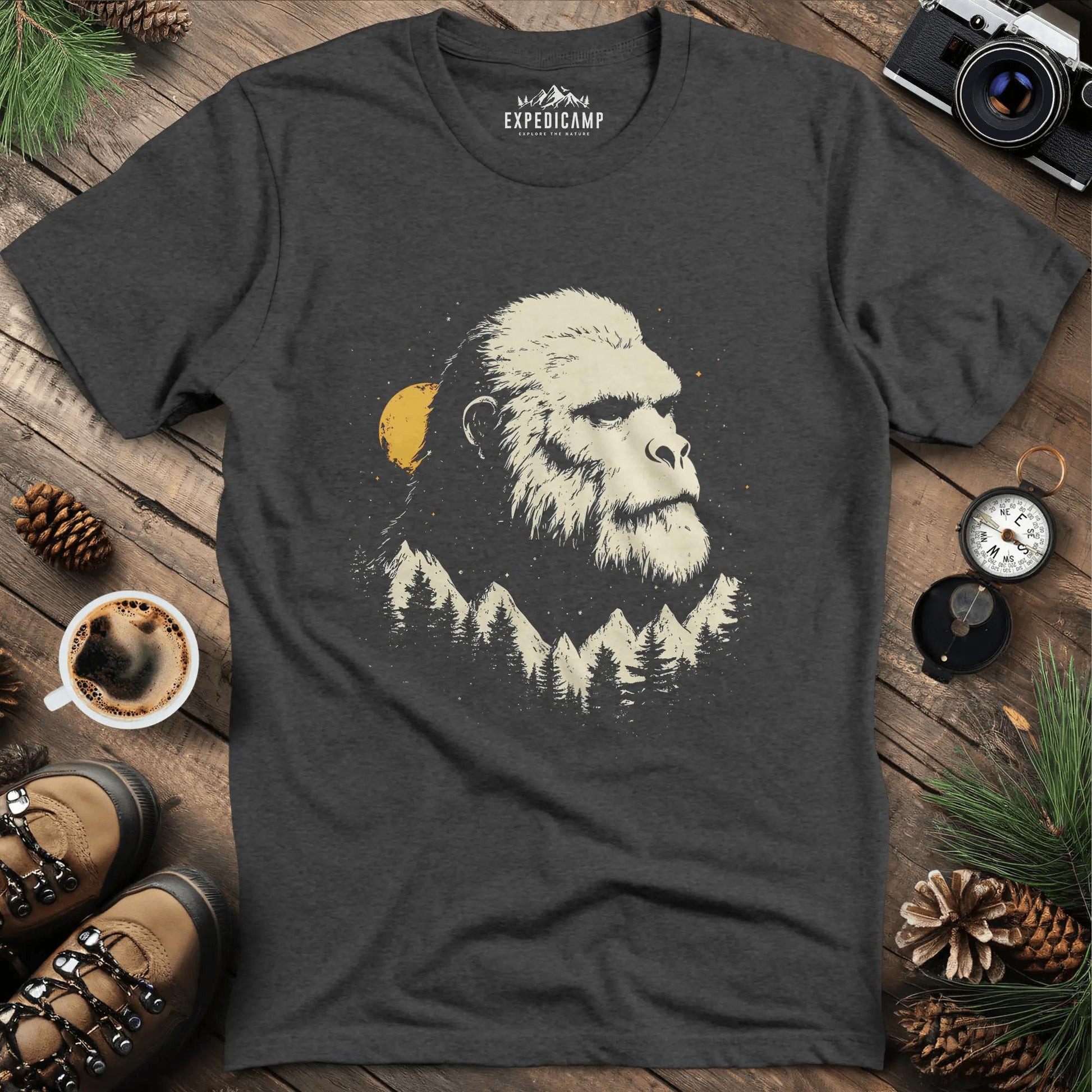 Bigfoot in the Mountains T-Shirt – Legendary Wilderness – Dark Heather – Outdoor apparel for travel, hiking, camping, and nature lovers – ExpediCamp