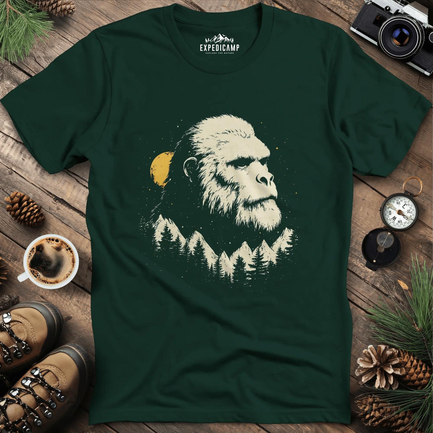 Bigfoot in the Mountains T-Shirt – Legendary Wilderness – Forest Green – Outdoor apparel for travel, hiking, camping, and nature lovers – ExpediCamp