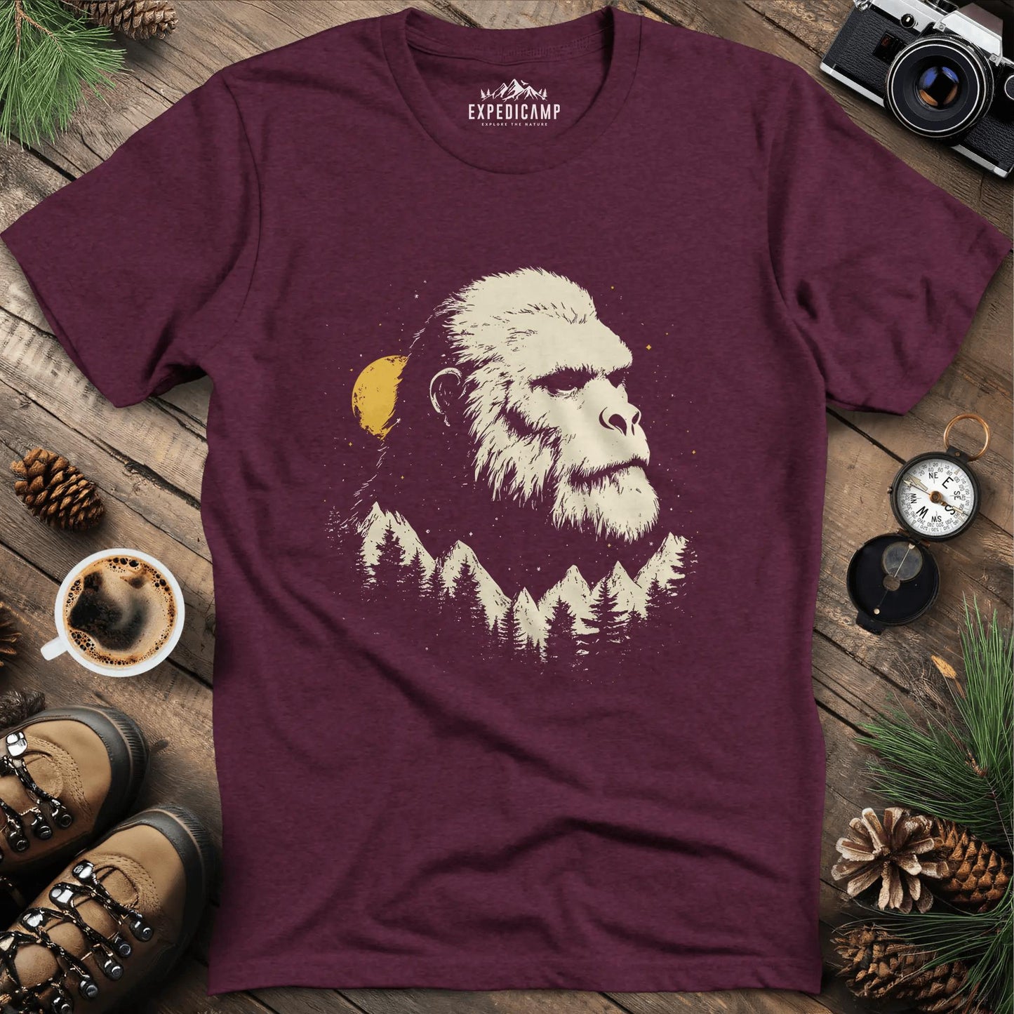 Bigfoot in the Mountains T-Shirt – Legendary Wilderness – Heather Maroon – Outdoor apparel for travel, hiking, camping, and nature lovers – ExpediCamp
