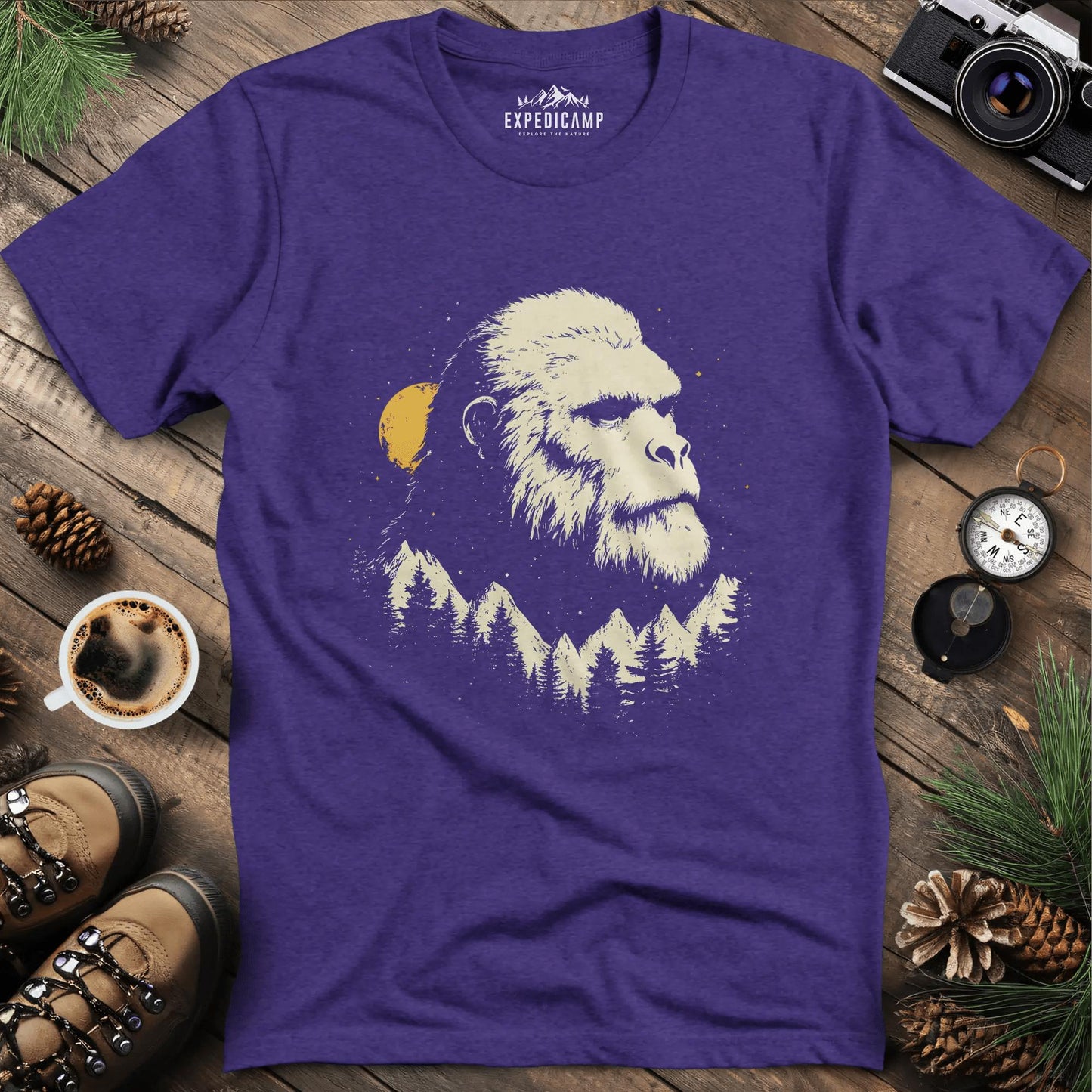 Bigfoot in the Mountains T-Shirt – Legendary Wilderness – Heather Purple – Outdoor apparel for travel, hiking, camping, and nature lovers – ExpediCamp