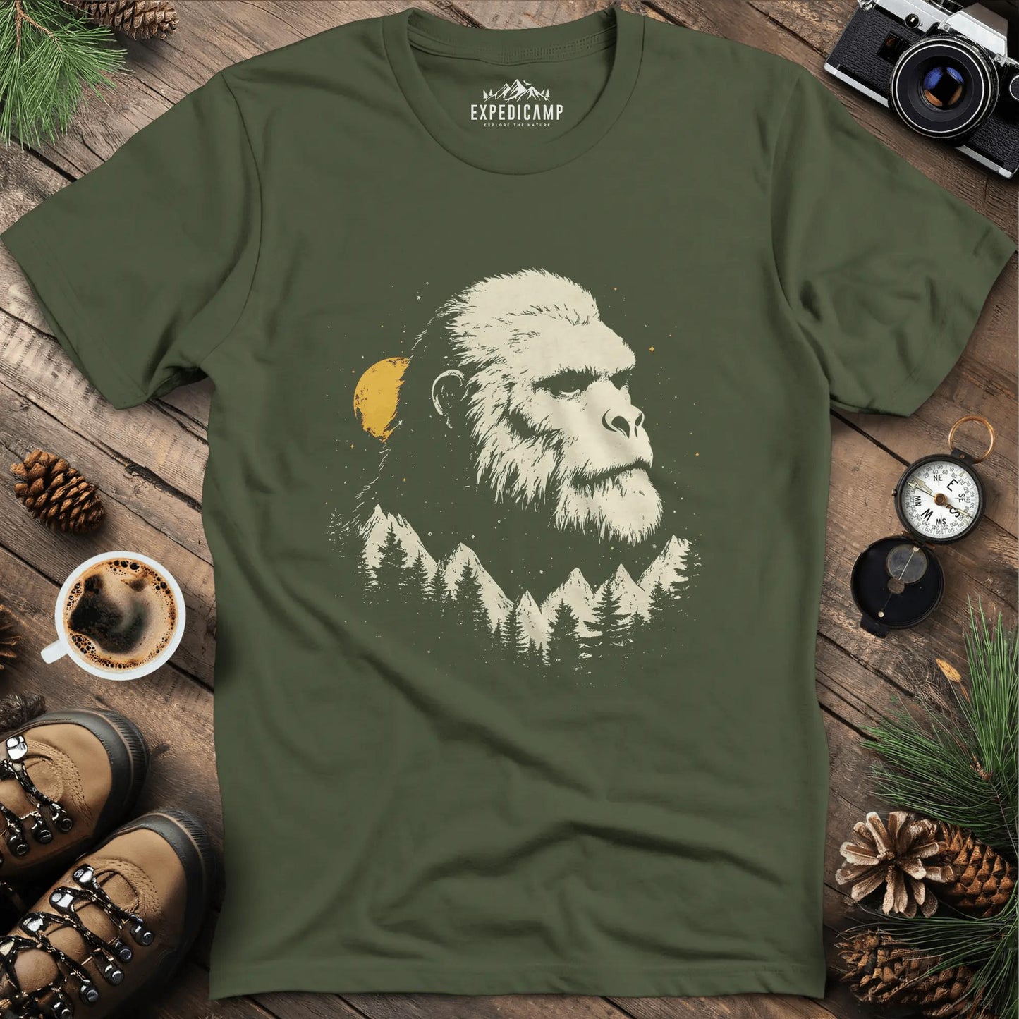Bigfoot in the Mountains T-Shirt – Legendary Wilderness – Military Green – Outdoor apparel for travel, hiking, camping, and nature lovers – ExpediCamp