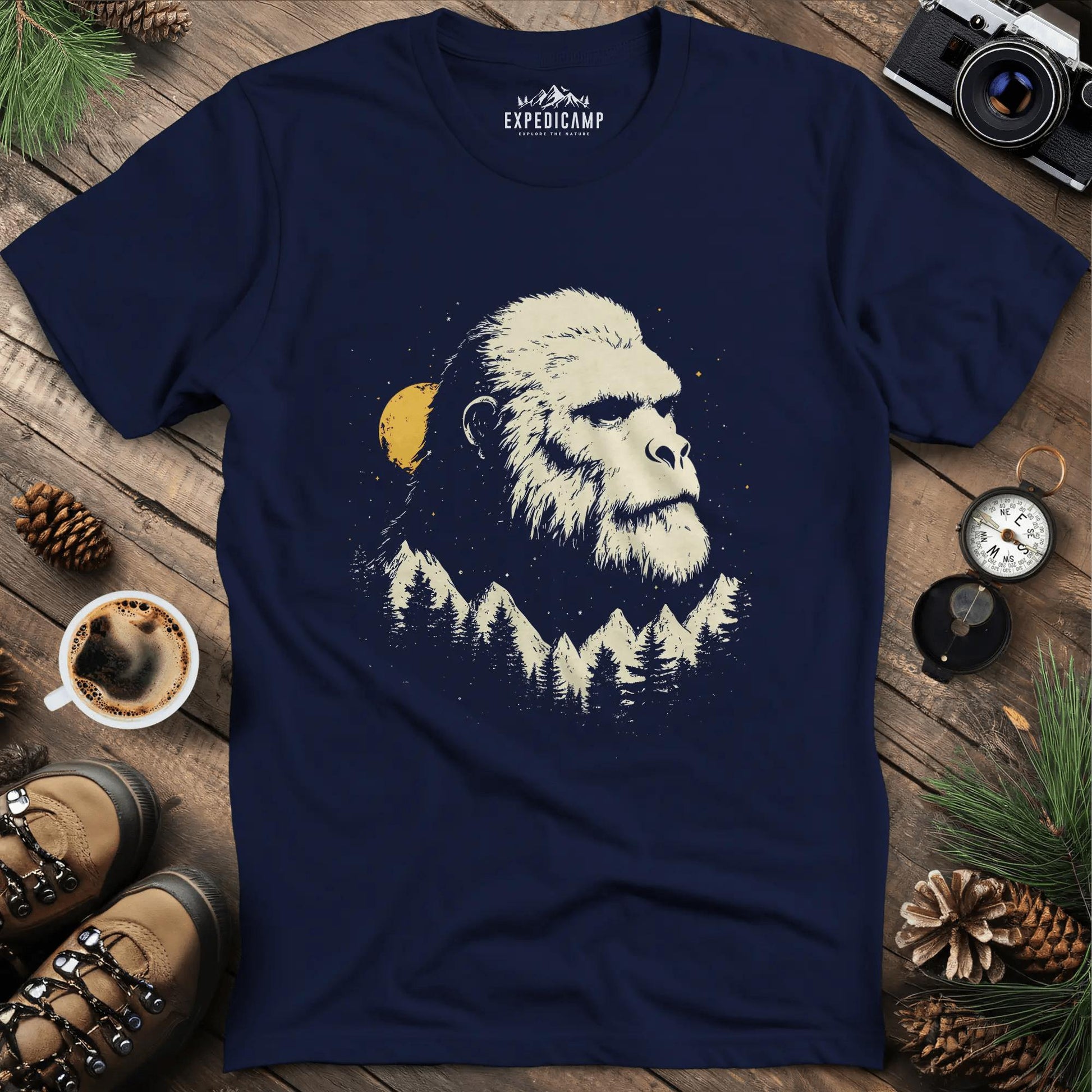Bigfoot in the Mountains T-Shirt – Legendary Wilderness – Navy – Outdoor apparel for travel, hiking, camping, and nature lovers – ExpediCamp
