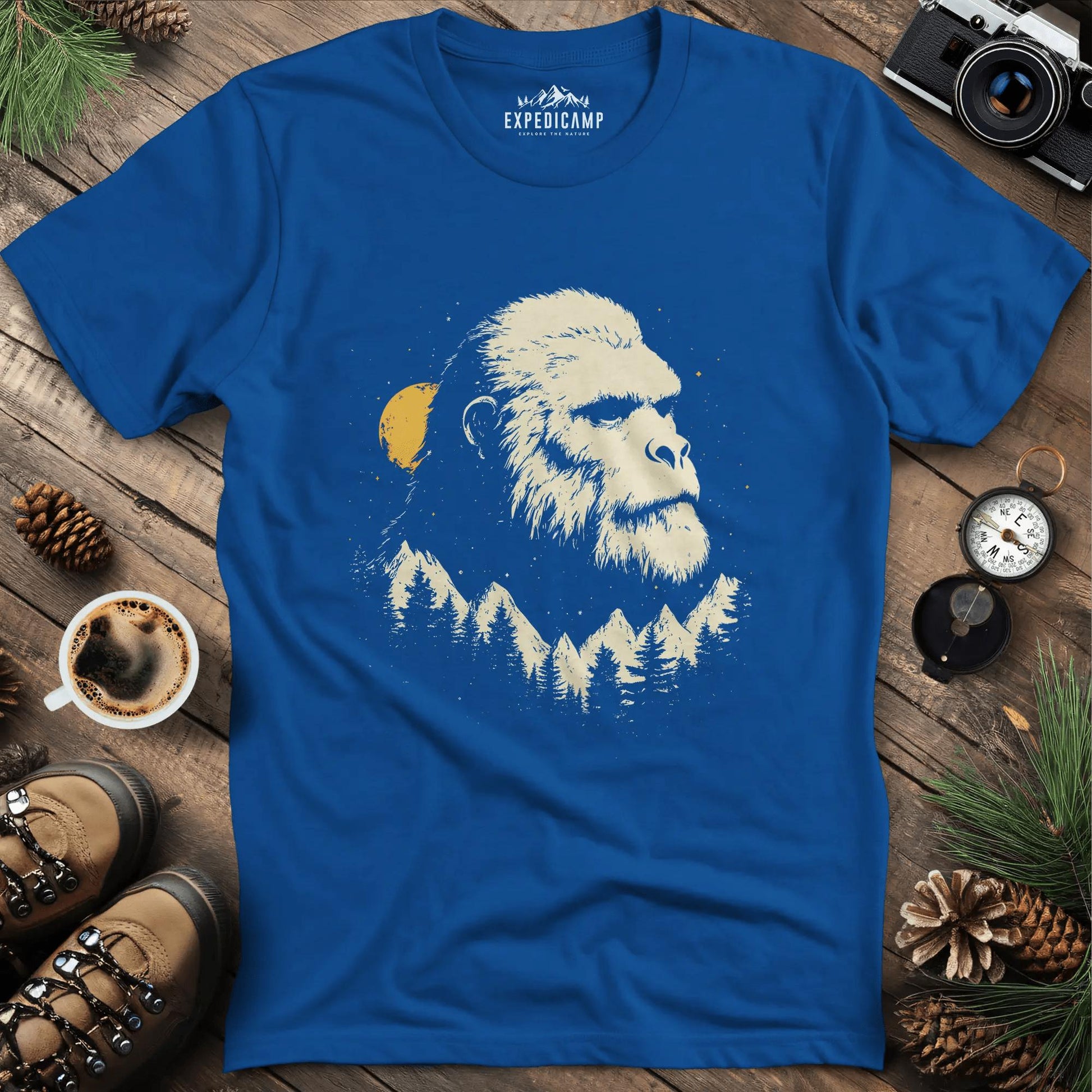 Bigfoot in the Mountains T-Shirt – Legendary Wilderness – Royal – Outdoor apparel for travel, hiking, camping, and nature lovers – ExpediCamp
