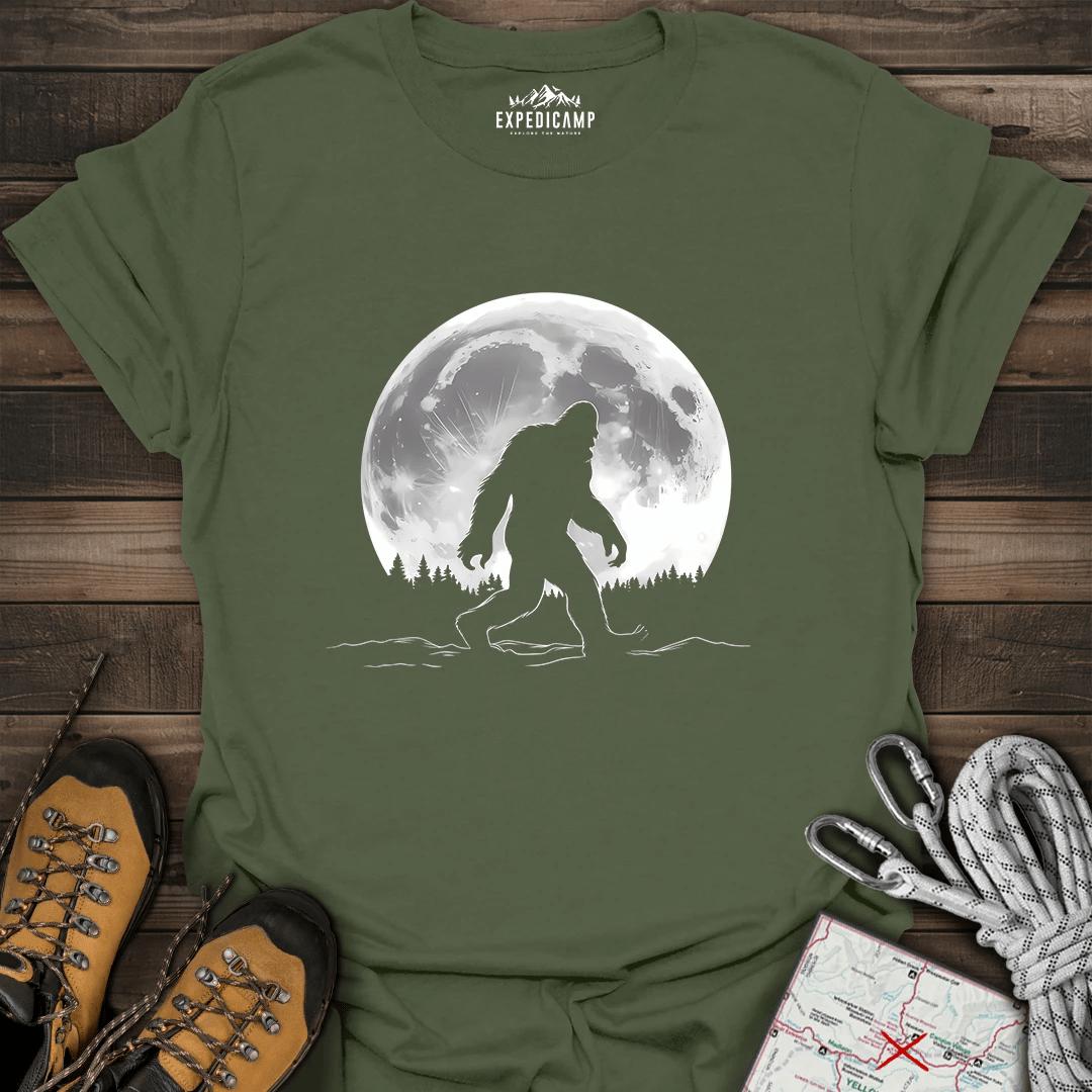 Bigfoot Moon T-Shirt – Military Green – Outdoor apparel for travel, hiking, camping, and nature lovers – ExpediCamp