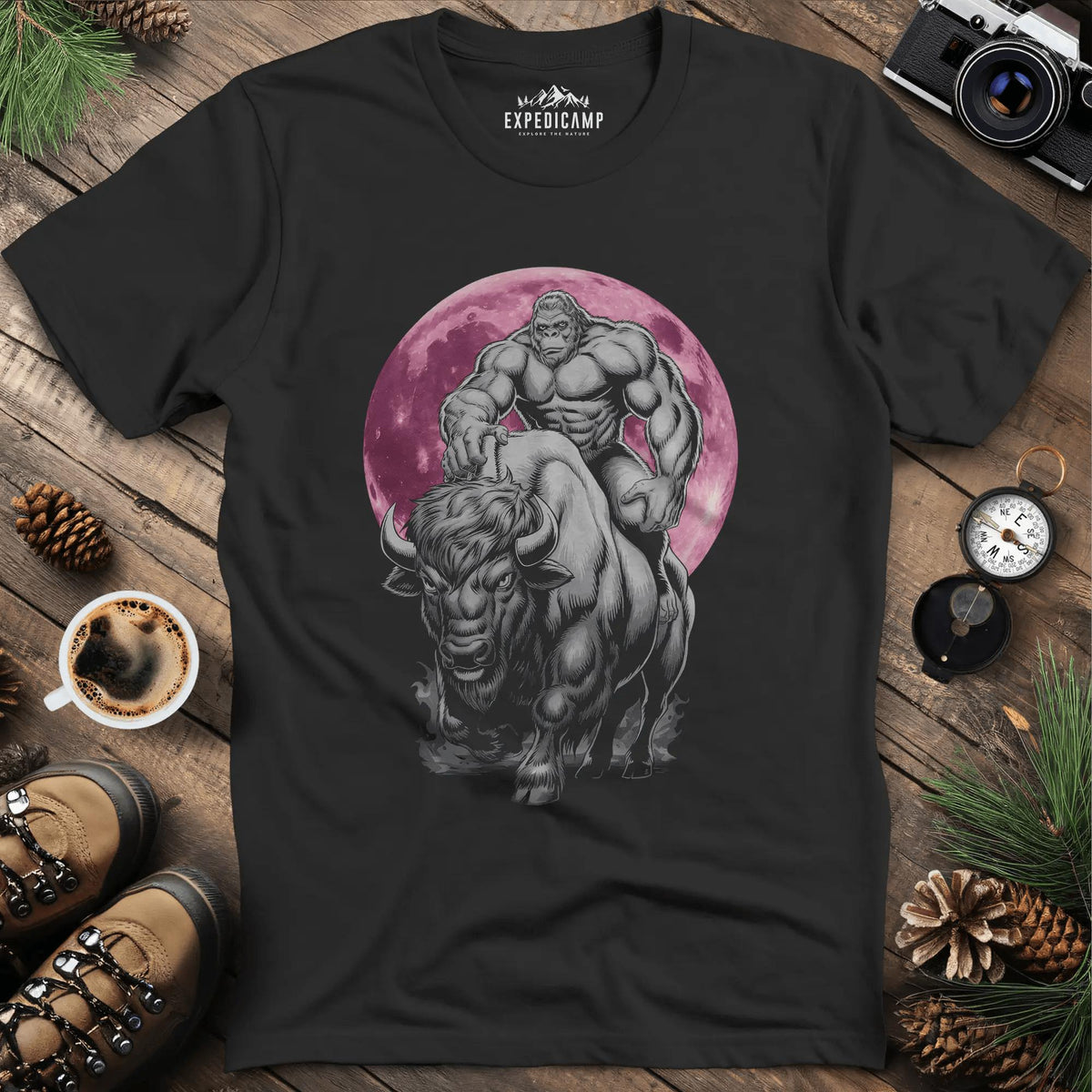 Bigfoot Riding Bison Pink Moon T-Shirt – Black – Outdoor apparel for travel, hiking, camping, and nature lovers – ExpediCamp