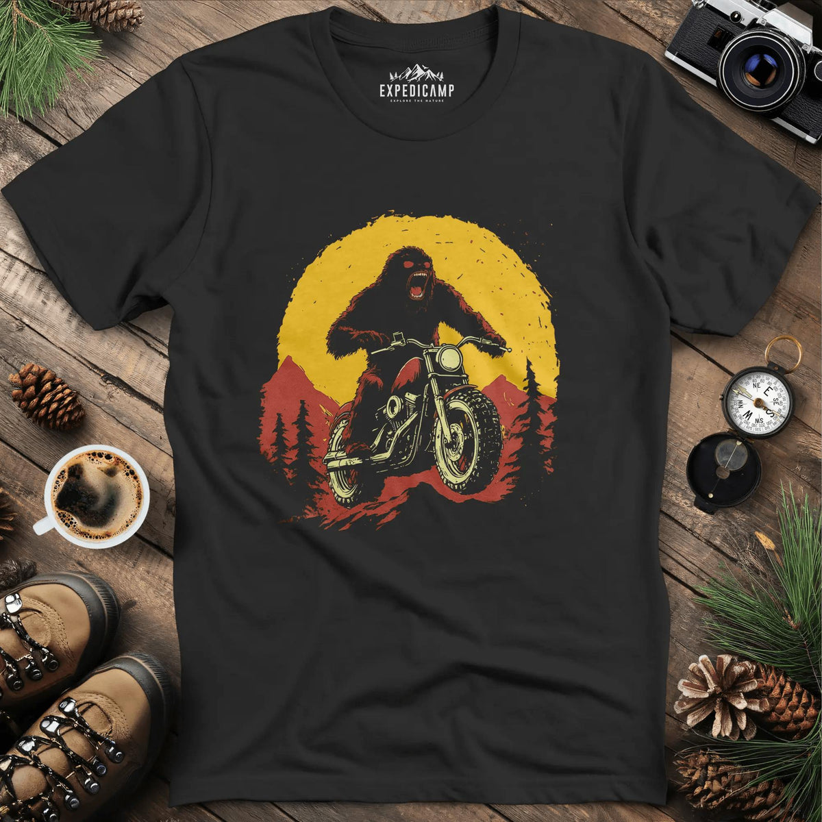 Bigfoot Riding Motorcycle T-Shirt – Bigfoot on the Open Road – Black – Outdoor apparel for travel, hiking, camping, and nature lovers – ExpediCamp