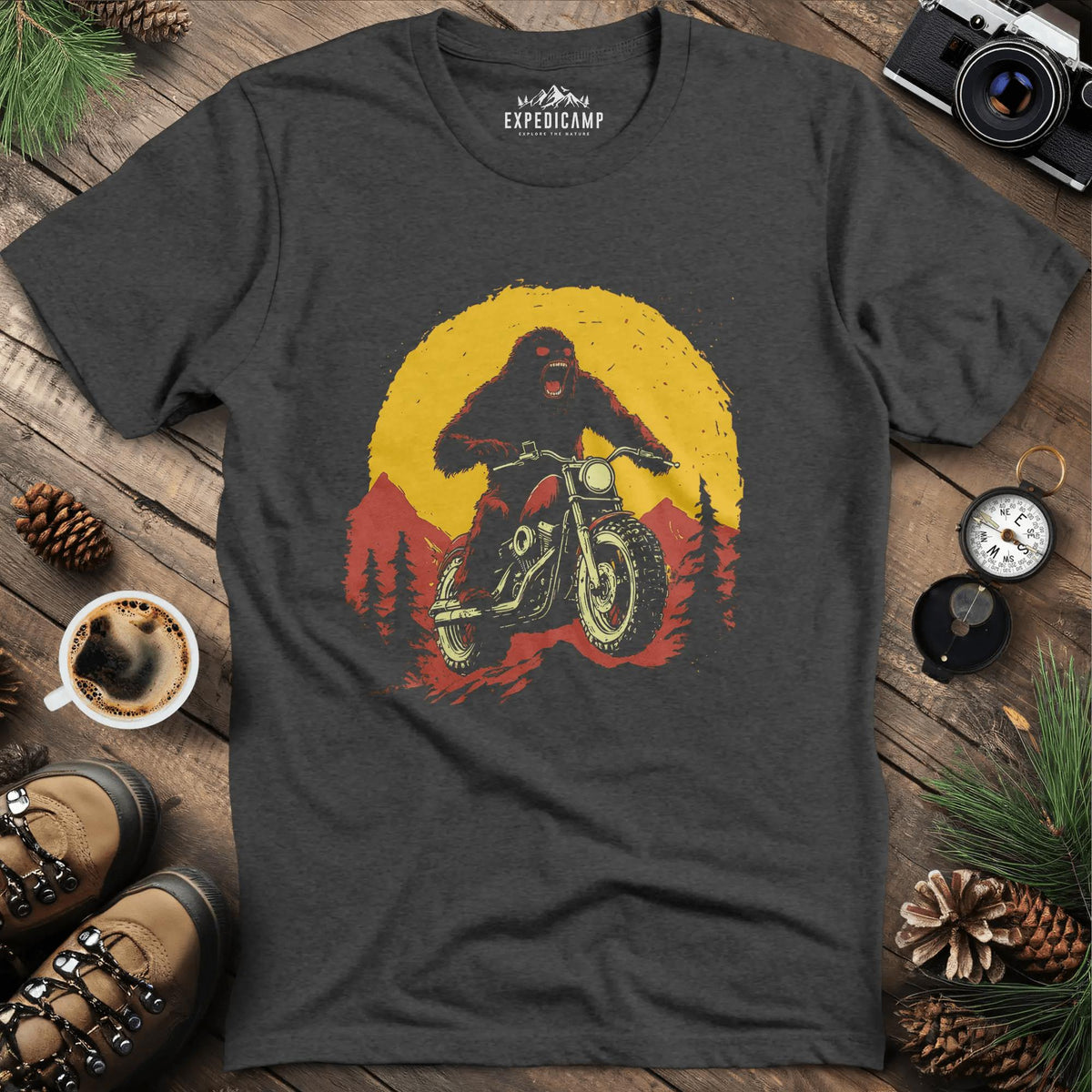 Bigfoot Riding Motorcycle T-Shirt – Bigfoot on the Open Road – Dark Heather – Outdoor apparel for travel, hiking, camping, and nature lovers – ExpediCamp