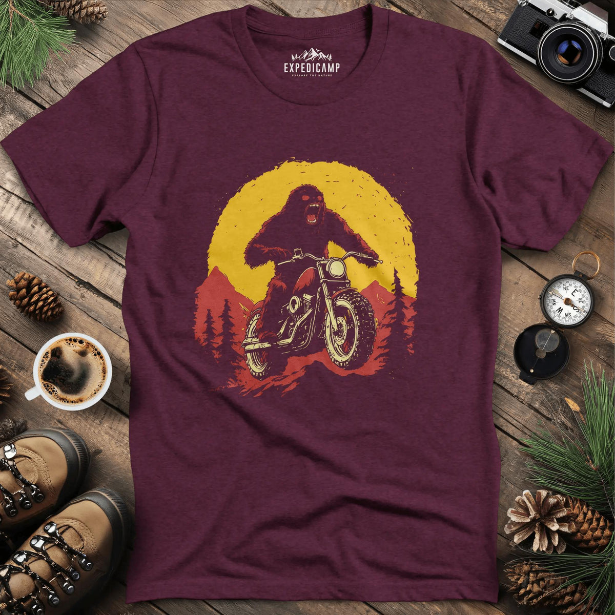 Bigfoot Riding Motorcycle T-Shirt – Bigfoot on the Open Road – Heather Maroon – Outdoor apparel for travel, hiking, camping, and nature lovers – ExpediCamp