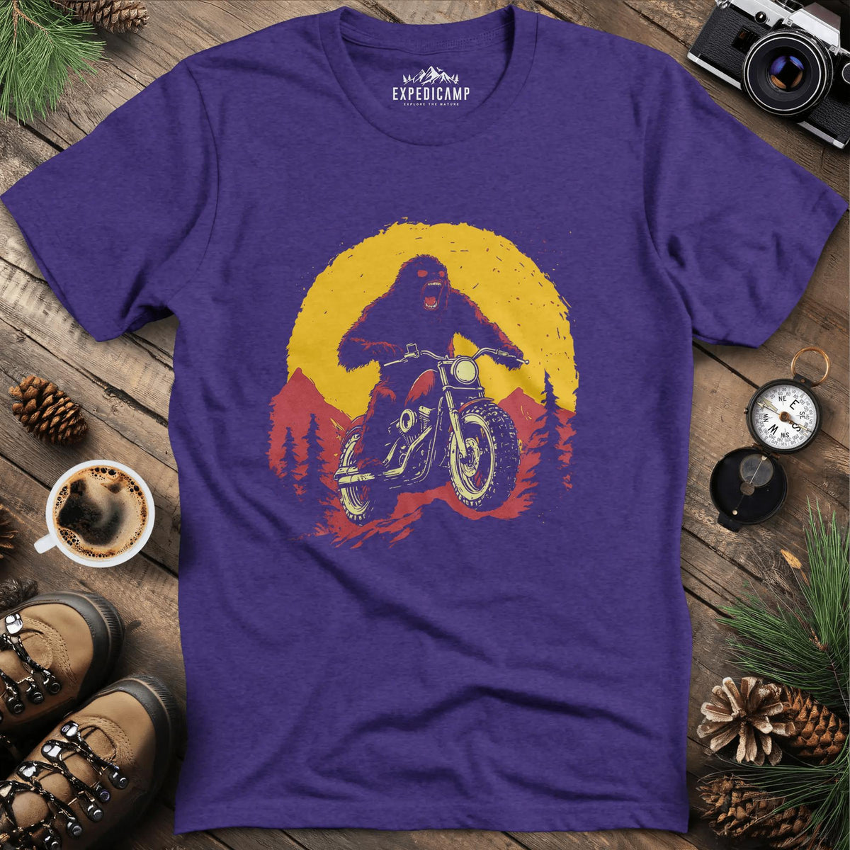 Bigfoot Riding Motorcycle T-Shirt – Bigfoot on the Open Road – Heather Purple – Outdoor apparel for travel, hiking, camping, and nature lovers – ExpediCamp