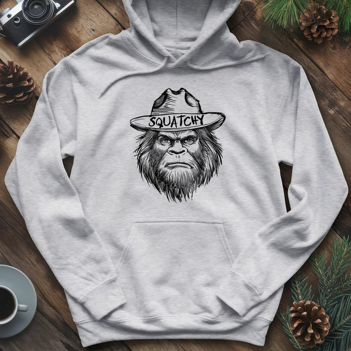 Bigfoot Sasquatch Silhouette Ranger Hoodie – Ash – Outdoor apparel for travel, hiking, camping, and nature lovers – ExpediCamp
