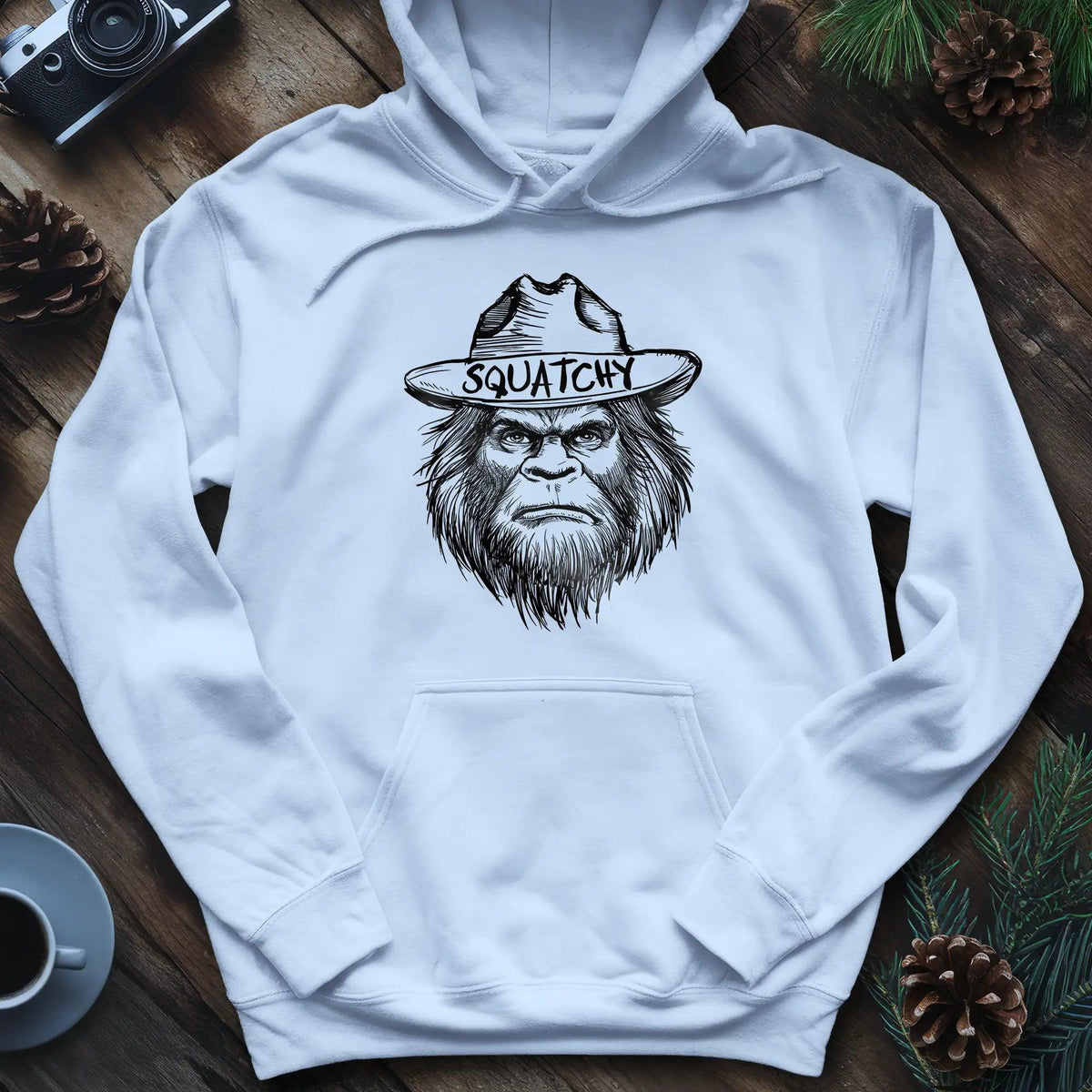 Bigfoot Sasquatch Silhouette Ranger Hoodie – Light Blue – Outdoor apparel for travel, hiking, camping, and nature lovers – ExpediCamp