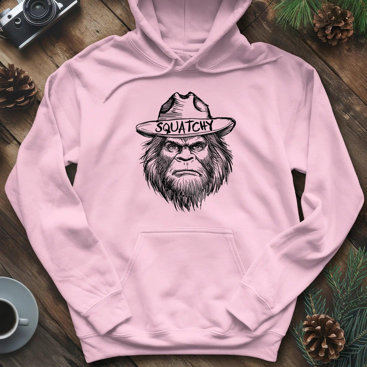 Bigfoot Sasquatch Silhouette Ranger Hoodie – Light Pink – Outdoor apparel for travel, hiking, camping, and nature lovers – ExpediCamp