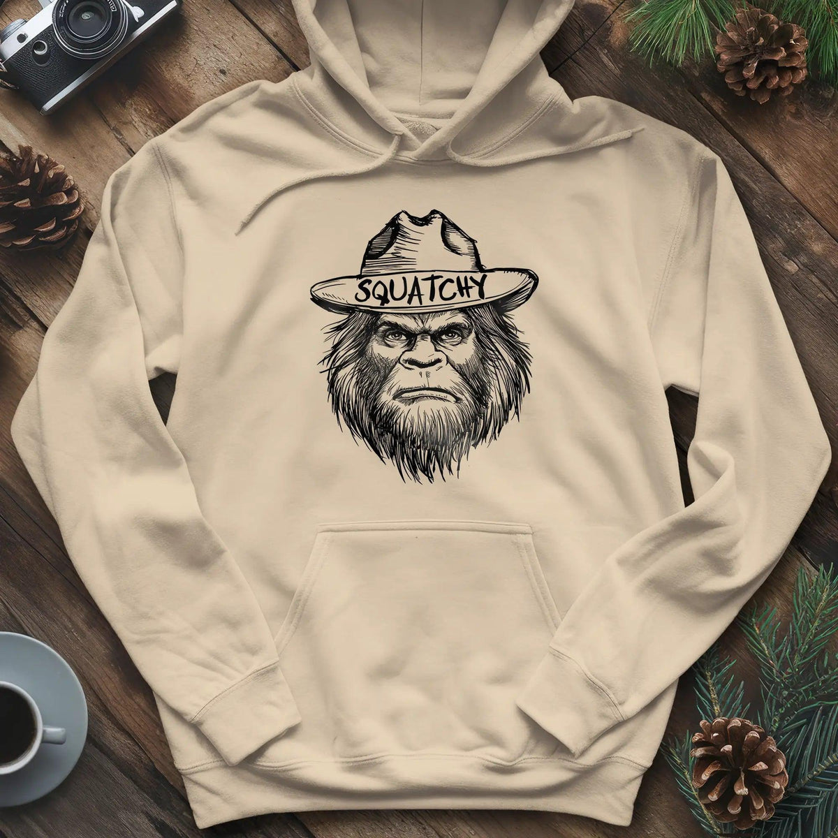 Bigfoot Sasquatch Silhouette Ranger Hoodie – Sand – Outdoor apparel for travel, hiking, camping, and nature lovers – ExpediCamp