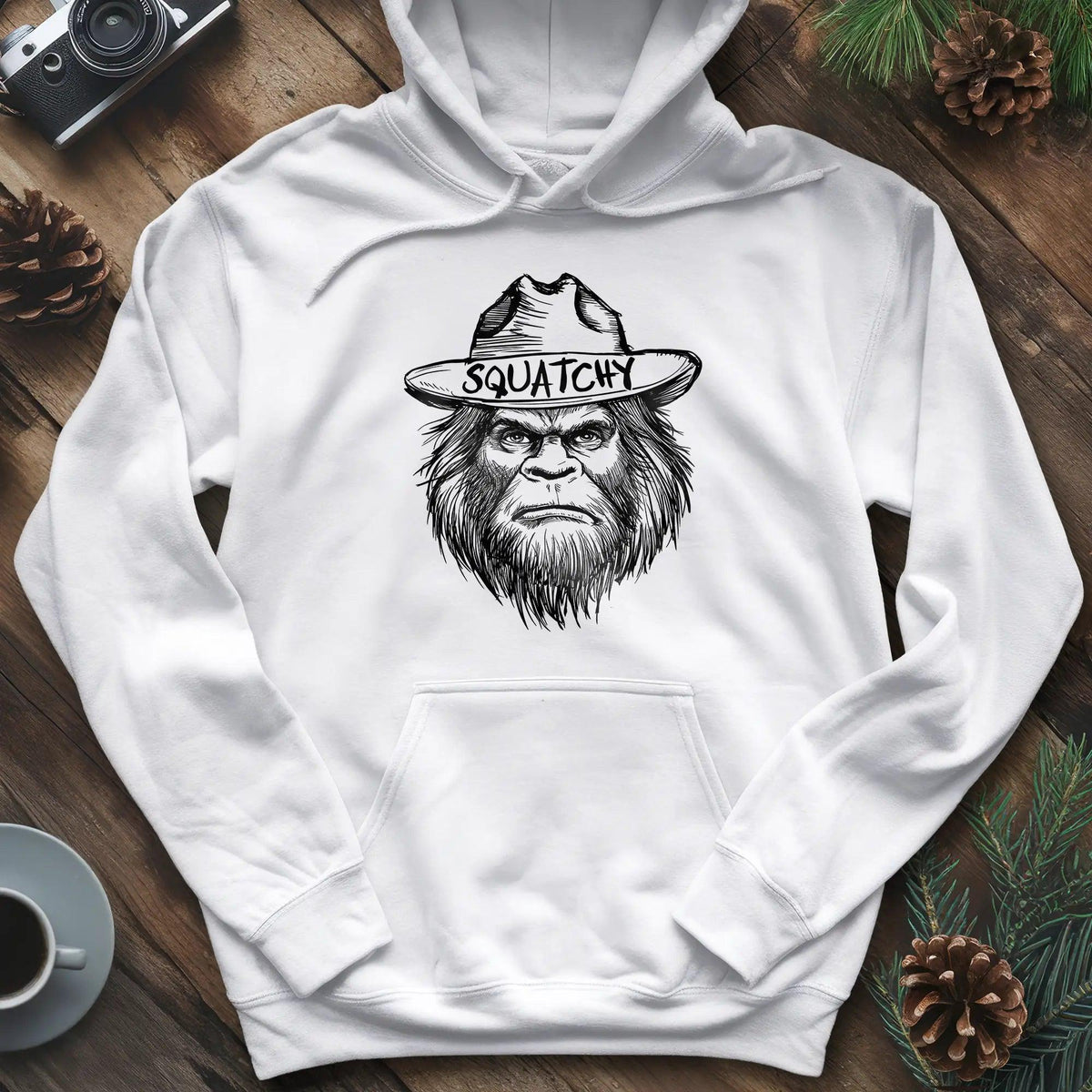 Bigfoot Sasquatch Silhouette Ranger Hoodie – White – Outdoor apparel for travel, hiking, camping, and nature lovers – ExpediCamp