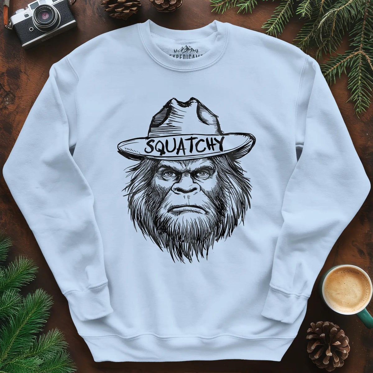 Bigfoot Sasquatch Silhouette Ranger Sweatshirt – Light Blue – Outdoor apparel for travel, hiking, camping, and nature lovers – ExpediCamp