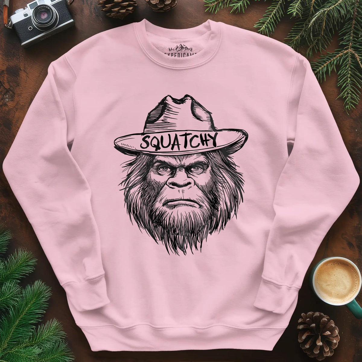 Bigfoot Sasquatch Silhouette Ranger Sweatshirt – Light Pink – Outdoor apparel for travel, hiking, camping, and nature lovers – ExpediCamp
