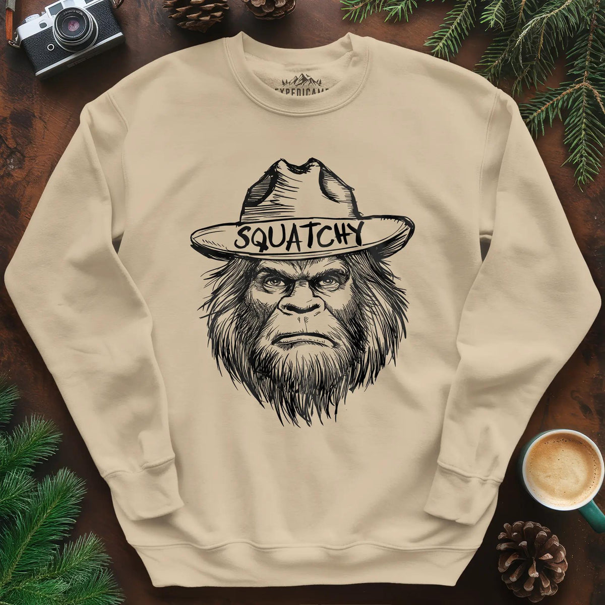Bigfoot Sasquatch Silhouette Ranger Sweatshirt – Sand – Outdoor apparel for travel, hiking, camping, and nature lovers – ExpediCamp