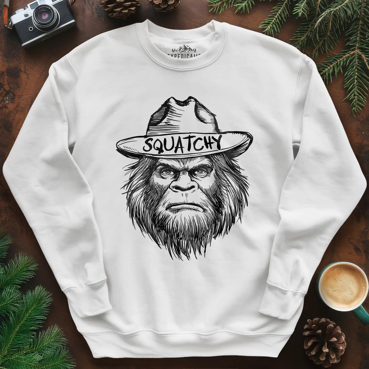 Bigfoot Sasquatch Silhouette Ranger Sweatshirt – White – Outdoor apparel for travel, hiking, camping, and nature lovers – ExpediCamp