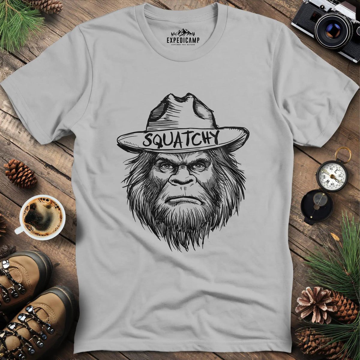 Bigfoot Sasquatch Silhouette Ranger T-Shirt – Ice Grey – Outdoor apparel for travel, hiking, camping, and nature lovers – ExpediCamp