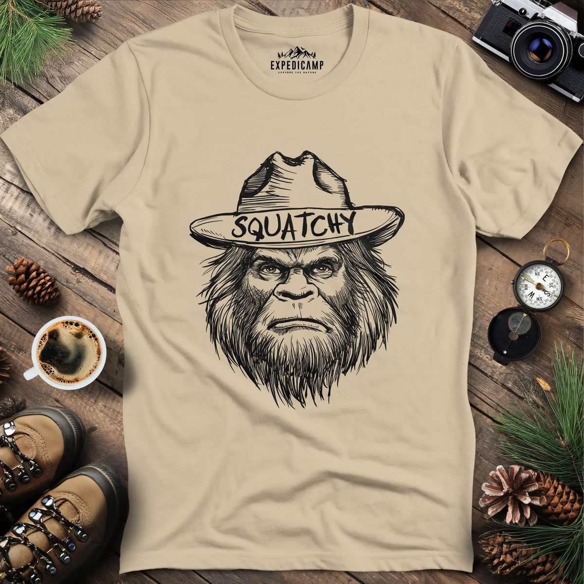 Bigfoot Sasquatch Silhouette Ranger T-Shirt – Sand – Outdoor apparel for travel, hiking, camping, and nature lovers – ExpediCamp