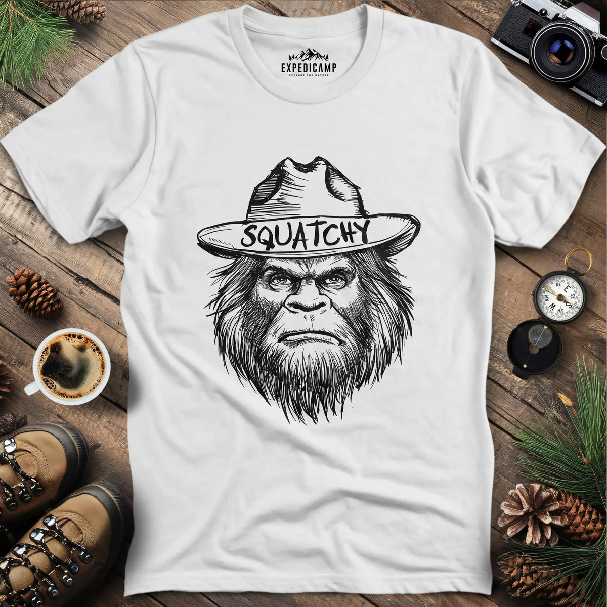 Bigfoot Sasquatch Silhouette Ranger T-Shirt – White – Outdoor apparel for travel, hiking, camping, and nature lovers – ExpediCamp