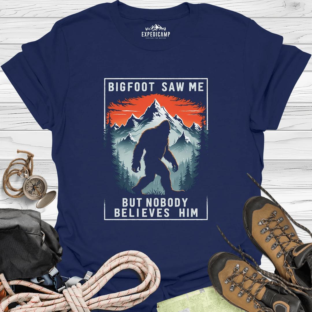 Bigfoot Saw Me But Nobody Believes Him T-Shirt – Navy – Outdoor apparel for travel, hiking, camping, and nature lovers – ExpediCamp