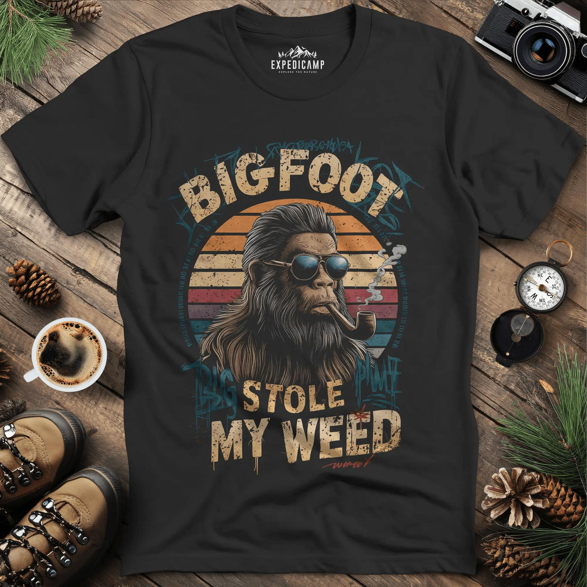 Bigfoot Stole My Weed T-Shirt – Black – Outdoor apparel for travel, hiking, camping, and nature lovers – ExpediCamp