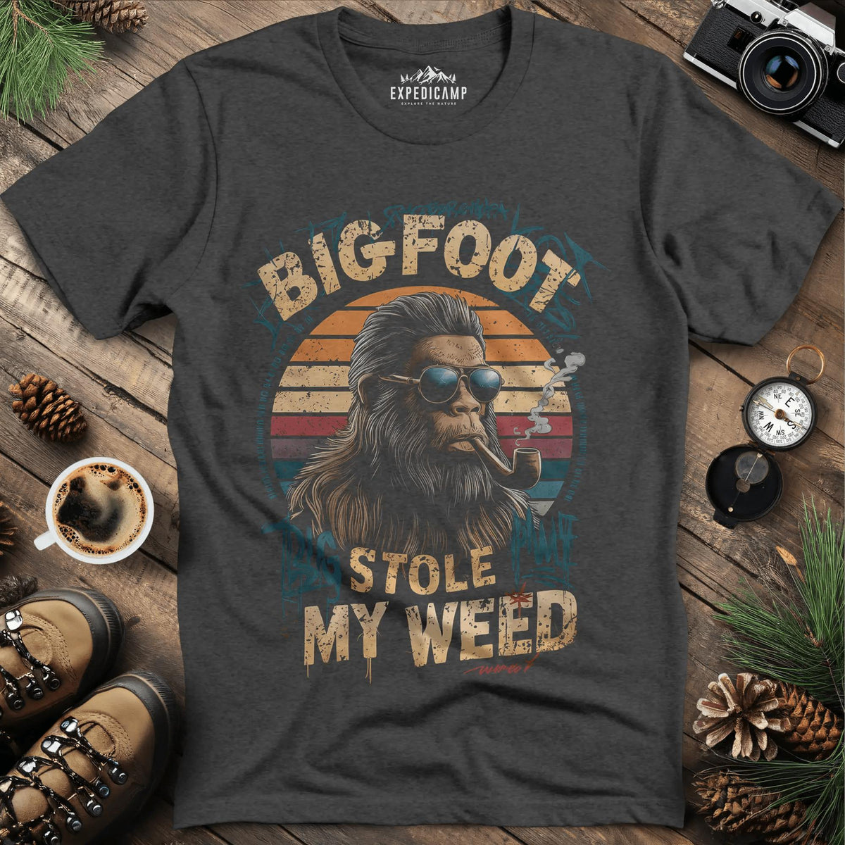 Bigfoot Stole My Weed T-Shirt – Dark Heather – Outdoor apparel for travel, hiking, camping, and nature lovers – ExpediCamp