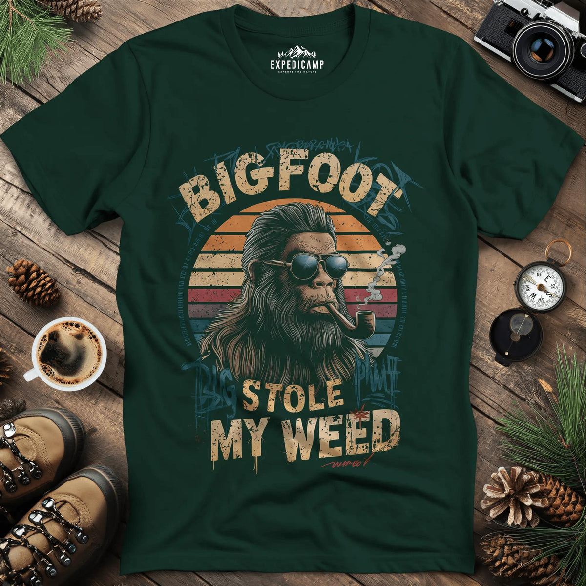 Bigfoot Stole My Weed T-Shirt – Forest Green – Outdoor apparel for travel, hiking, camping, and nature lovers – ExpediCamp