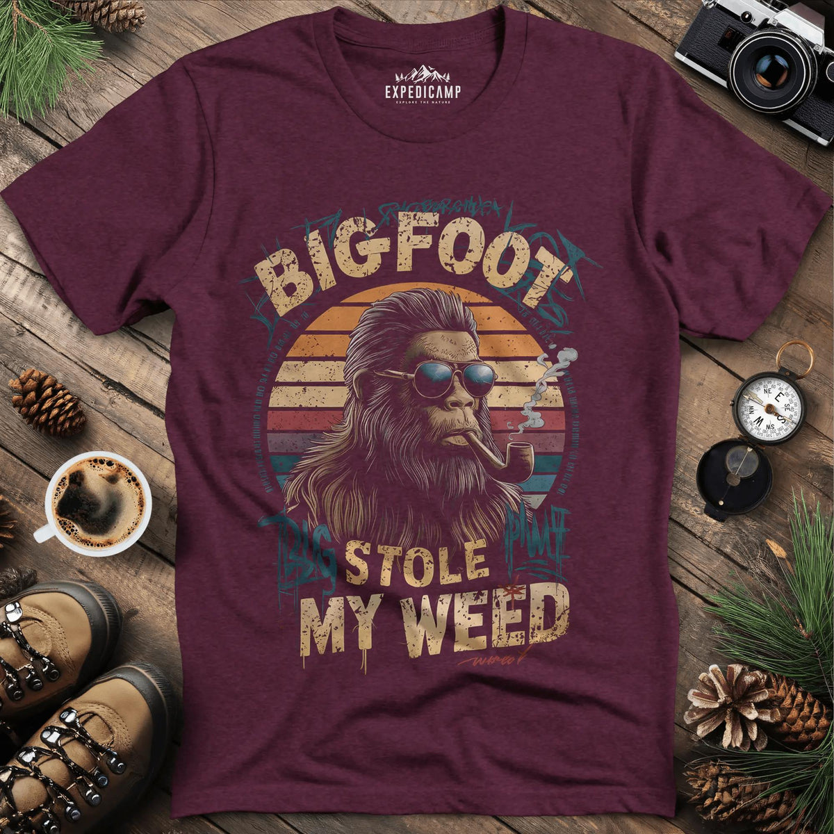Bigfoot Stole My Weed T-Shirt – Heather Maroon – Outdoor apparel for travel, hiking, camping, and nature lovers – ExpediCamp