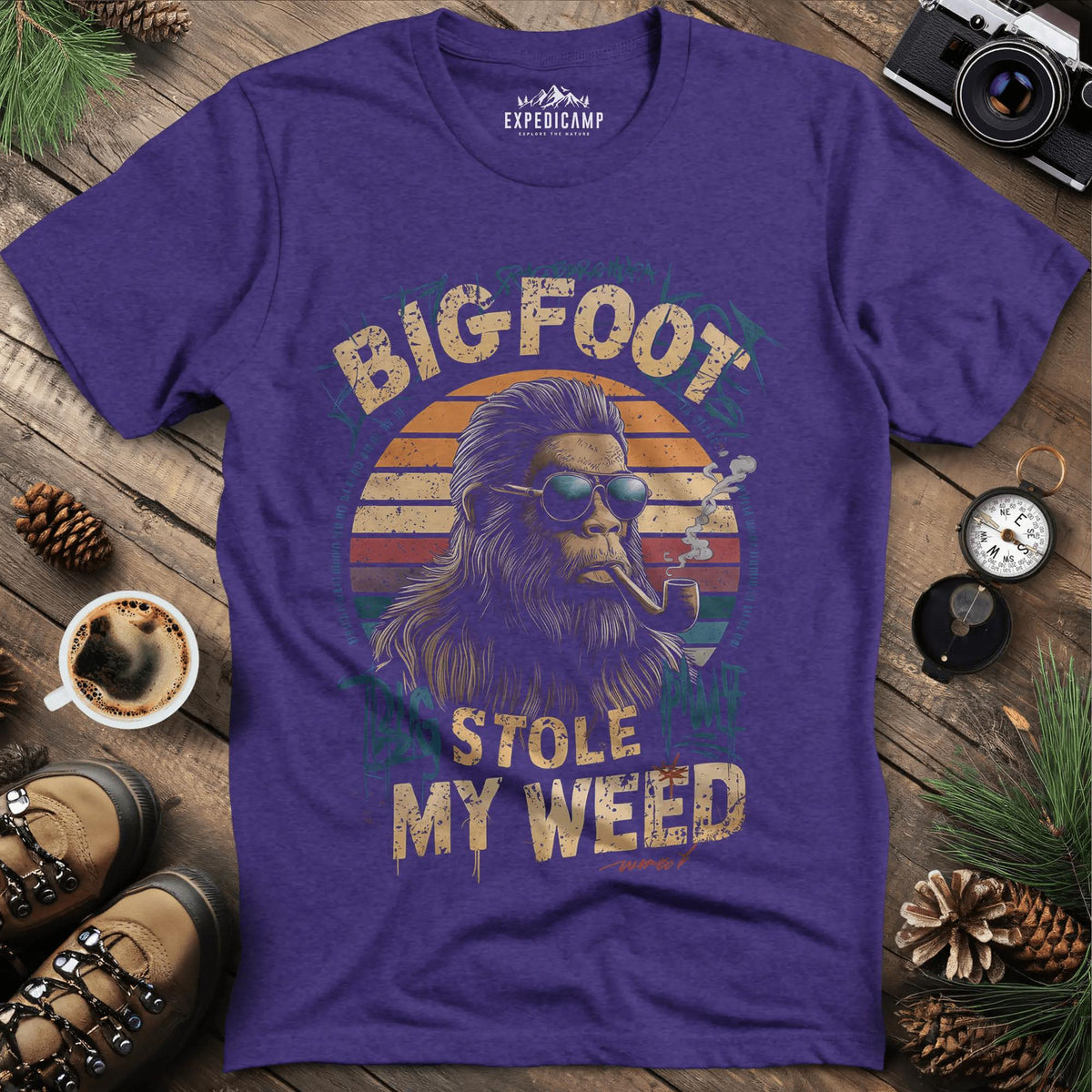 Bigfoot Stole My Weed T-Shirt – Heather Purple – Outdoor apparel for travel, hiking, camping, and nature lovers – ExpediCamp